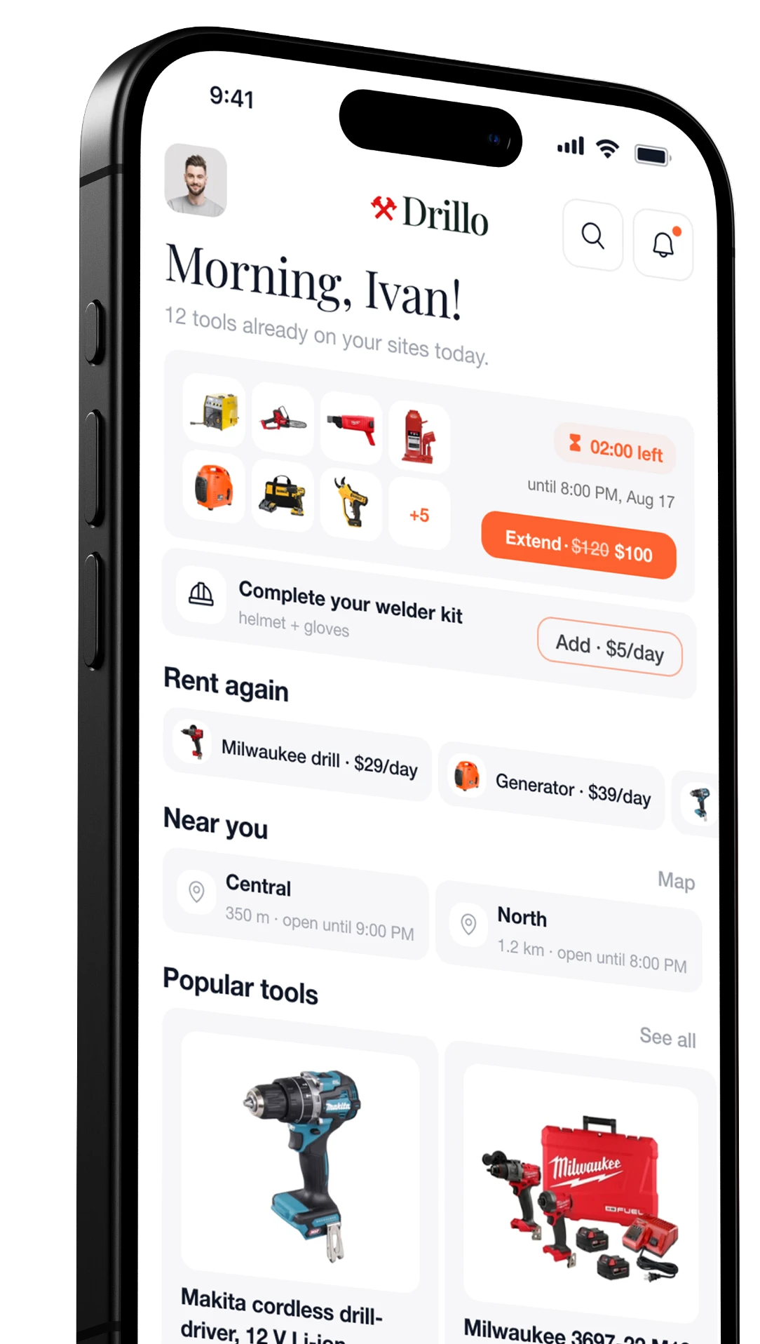 Приложение Drillo: каталог инструментов и активные бронирования