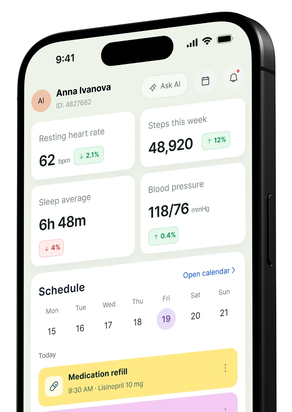 Мобильный интерфейс HealthHub: шаги, пульс и показатели здоровья